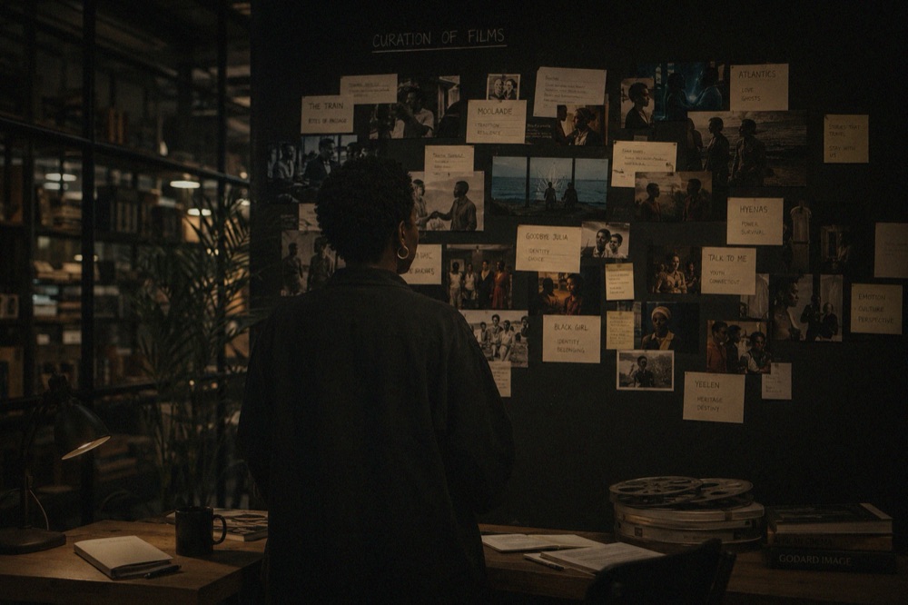 A person seen from behind, standing before a wall covered in film stills and handwritten curatorial notes labelled curation of films